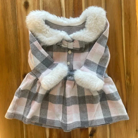 Janie and Jack Pink Grey White Tartan Dress with Faux Fur, size 6-12m - Picture 2 of 2